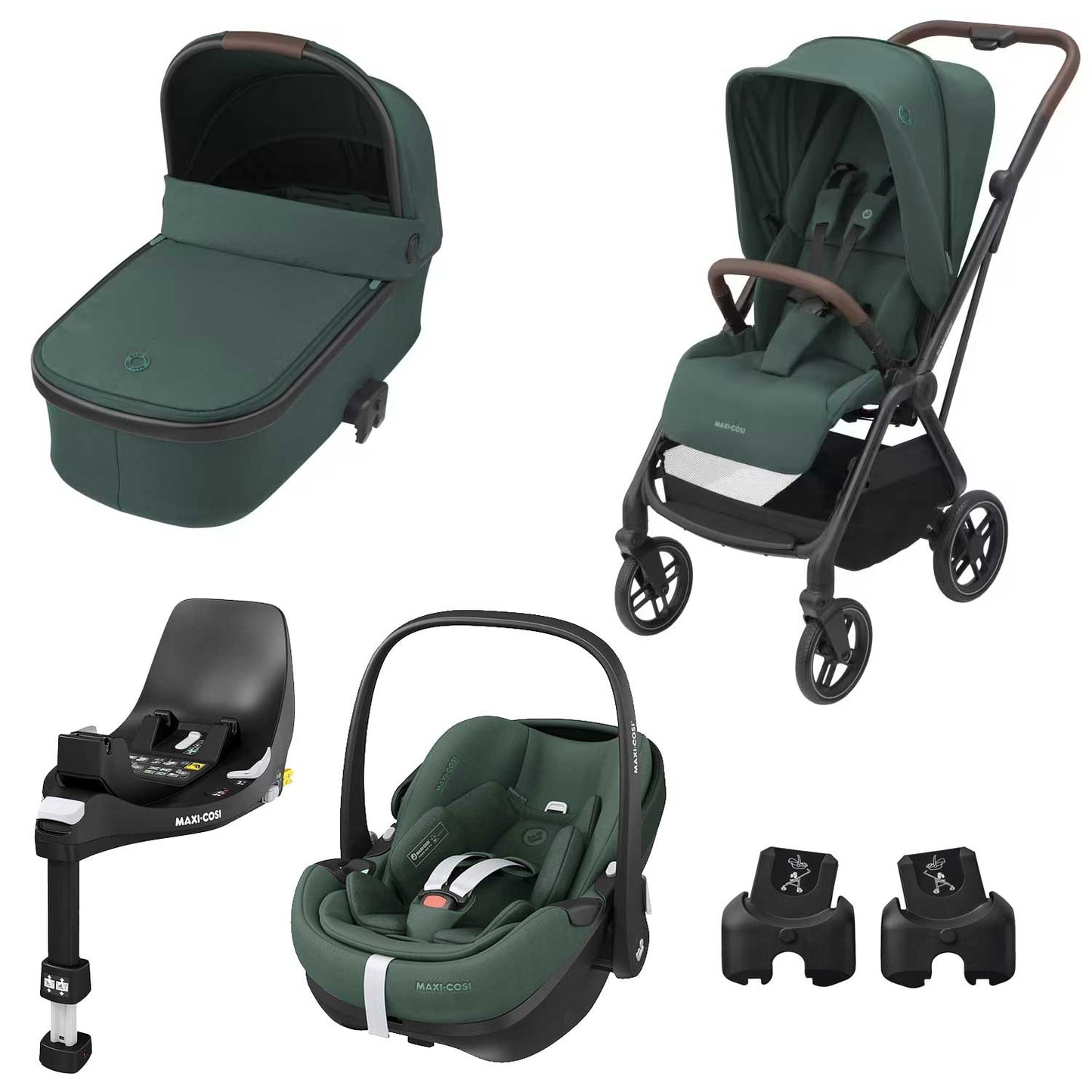 Maxi Cosi - Trio Con Passeggino Leona2 + Navicella Oria + Seggiolino Auto  Pebble 360 Pro + Base Auto Family Fix 360 Pro + Adattatori