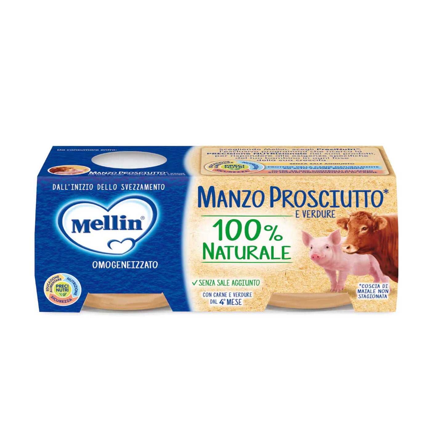 Mellin - Omogeneizzato Manzo + Prosciutto Con Verdure: Confezione 2x80 gr