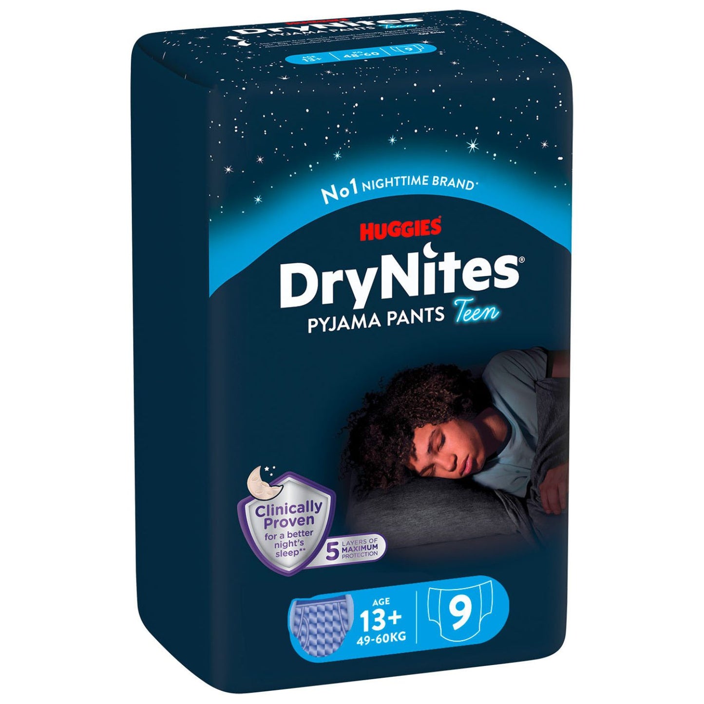 Huggies - Mutandine Assorbenti Drynites Boy 13+ anni, dai 48 ai 60 Kg: Confezione 9pz