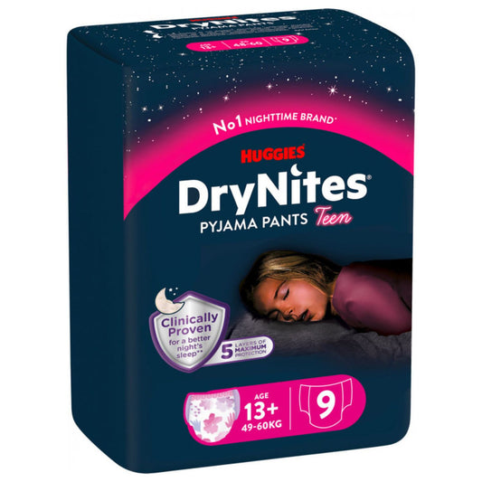 Huggies - Mutandine Assorbenti Drynites Girl 13+ anni, dai 48 ai 60 Kg: Confezione 9pz